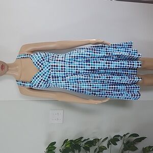 CALVIN KLEIN‎ Blue Polka Dots Midi Sleeveless Summer Dress Pleated Skirt 4 Retro